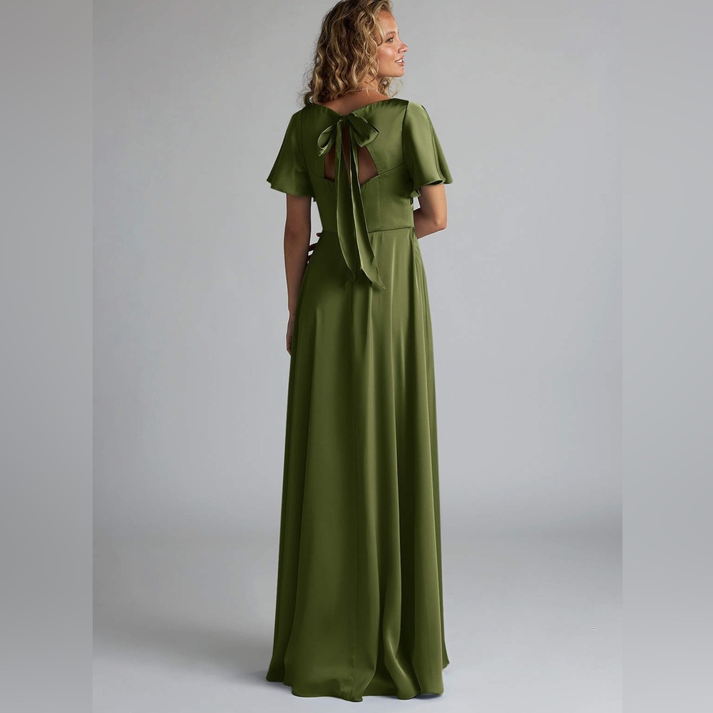 AZAZIE KIMBER Olive A-Line Ruched Stretch Satin Dress - Picture 2 of 10